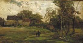 Charles-Francois Daubigny Landschap met boerderijen en bomen. oil painting image